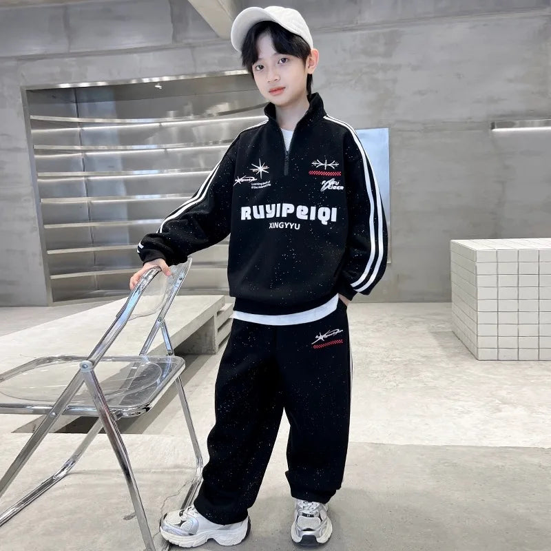 Spring Autumn Boys Striped Half Zip Sweatshirt+Sweatpant Workout Sets School Kids Tracksuit Children Outfit Jogging Suit 5-16 Yr