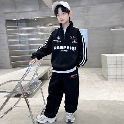 Spring Autumn Boys Striped Half Zip Sweatshirt+Sweatpant Workout Sets School Kids Tracksuit Children Outfit Jogging Suit 5-16 Yr