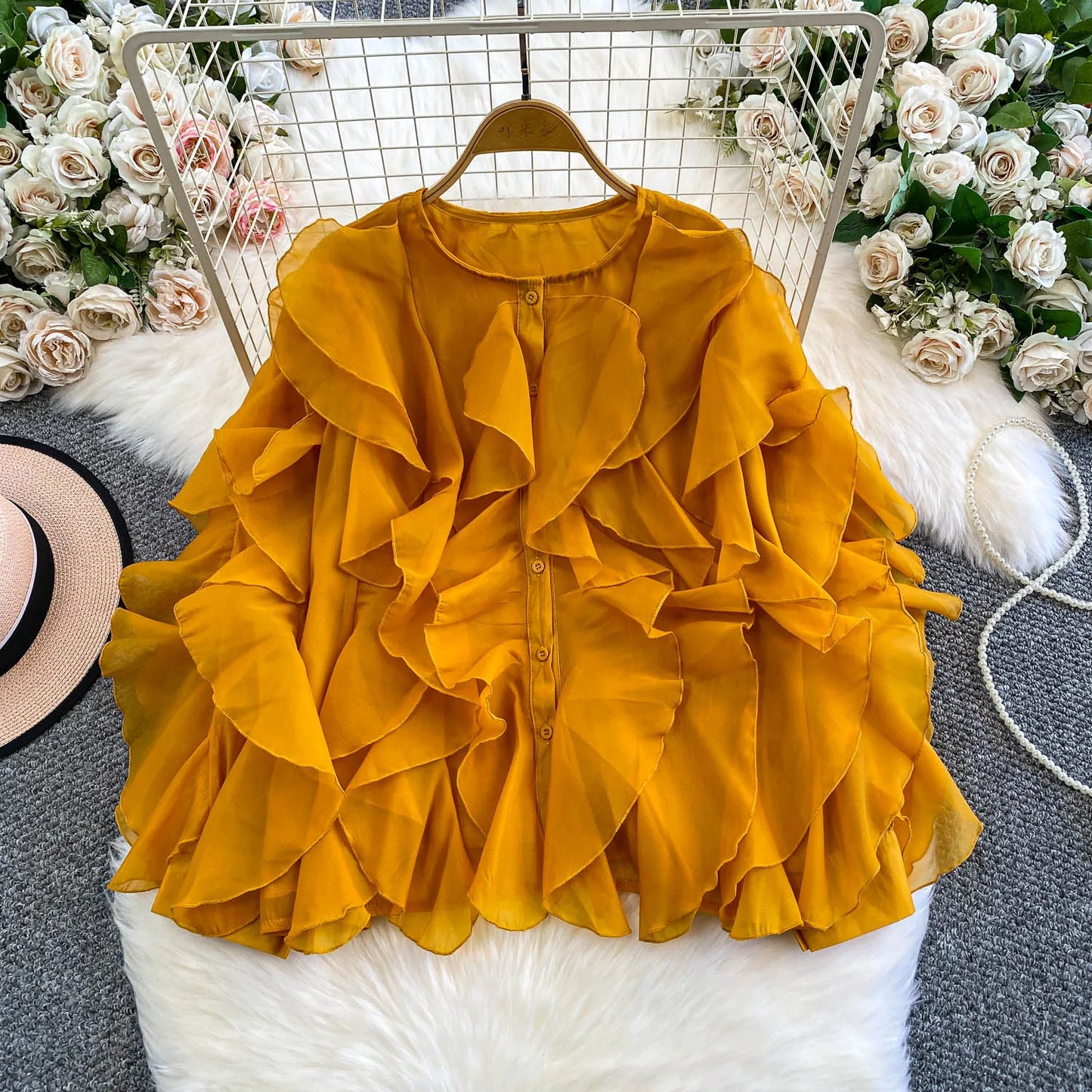 Autumn Blouse for Women Fashion O-neck Long Puff Sleeve Flounced Edge Shirts French Chic Versatile Female Tops Dropshipping