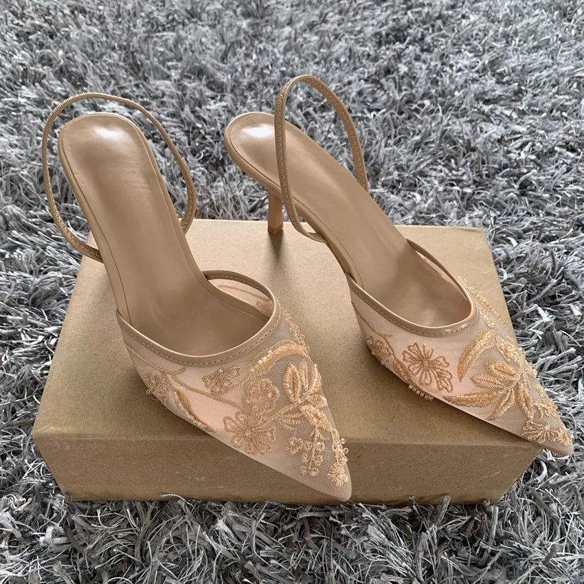 Luxury Brand High Heels Women Sandals Mesh Embroider Elegant Pointed Ladies Slingback Evening Party Wedding Bridal Dress Shoes