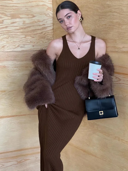 Women's Sleeveless Knitted Dress Strap Summer Fashion Wide Shoulder Inner Long Skirt Slim Fit Casual Dresses