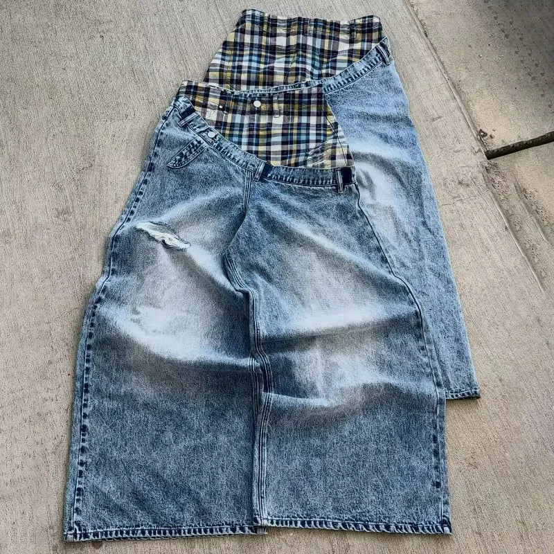 Mens Jeans Vintage Plaid Patchwork Denim Pants Harajuku Unisex Loose Fit Wide Leg Floor Length Hip Hop Streetwear Fashion Trend