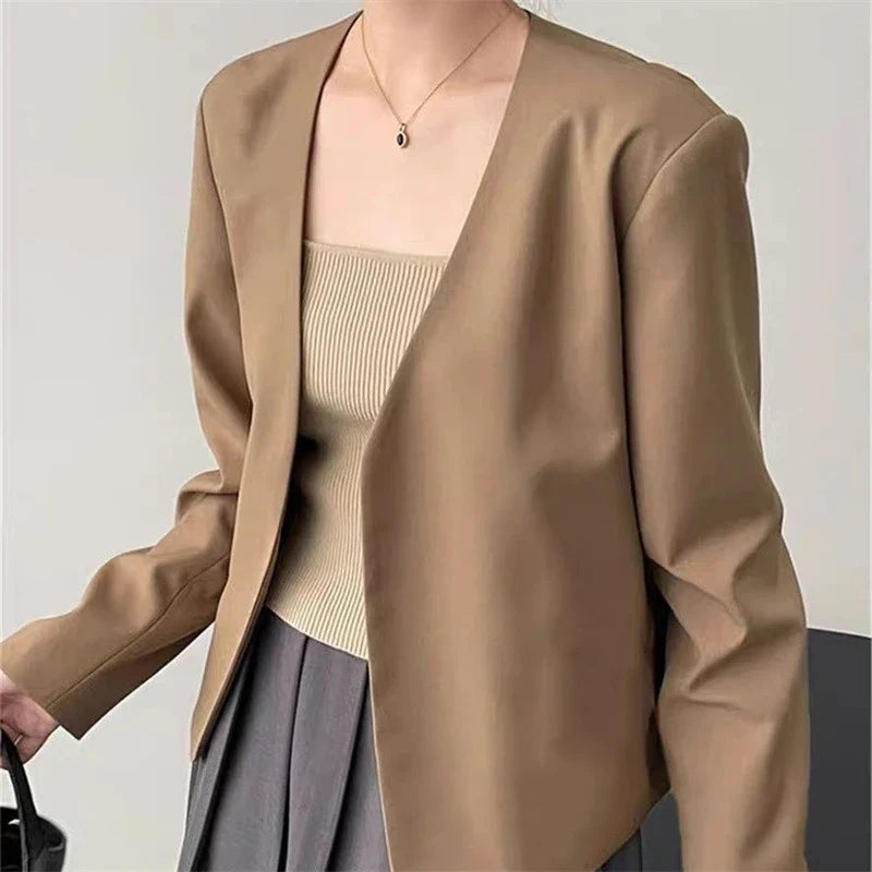 2025 Spring Autumn Fashion New Women's Suit Jackets Solid Short Coats Korean Blazers Long Sleeve Cardigan Coat Without Placket