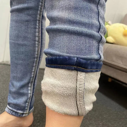 Winter Lady Thermal Plush Jeans Snow Warm Stretch Jeans Hot Sale High Waist Fleece Pants Female Straight Leg Denim Trousers
