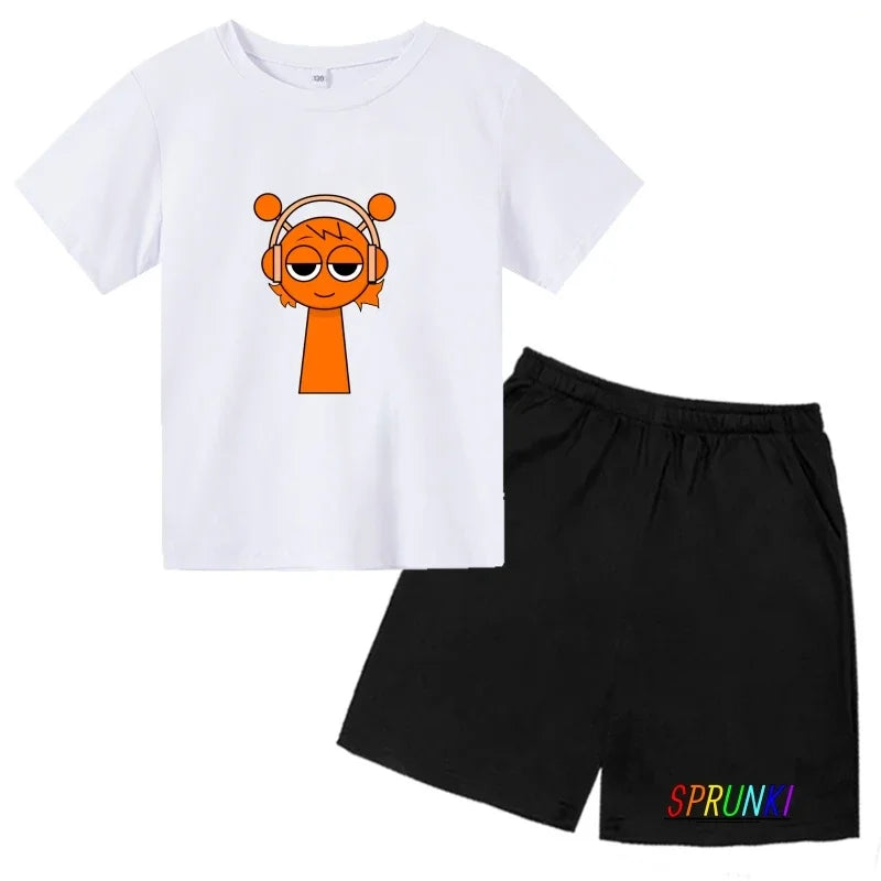 2026 Sprunki Kids T-Shirt + Shorts Set, Boys Girls Cartoon Game Printed Cotton Short Sleeve 2Pcs Summer Casual Outfit