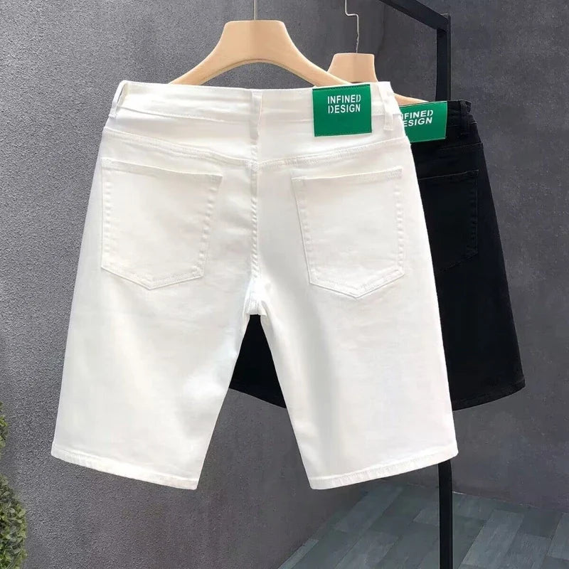 2026 Mens White Denim Shorts Summer Casual Slim Fit Pure Color Five Inch Beach Shorts Simple Stylish Fashion Jeans