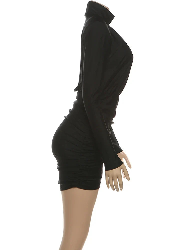 Classic Turtleneck Dress Women Shoulder Padded Ruched Sexy Office Commute Simple Peach Hip Skinny Elegant Mini Bodycon