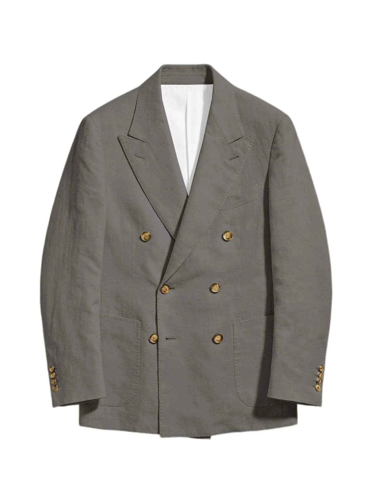 Men's Linen Double Breasted Blazer Peak Lapel Casual Business Suit Jacket With Patch Pockets For Daily Office Wear