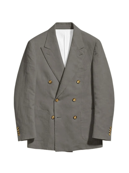 Men's Linen Double Breasted Blazer Peak Lapel Casual Business Suit Jacket With Patch Pockets For Daily Office Wear