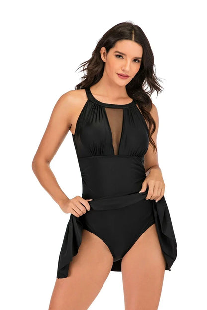 Women One Piece Swimsuit 2024 New Swimdress With Shorts Slim Mesh Hollow Out Design Solid Black/Red/Dark Blue Swimwear Plus Size