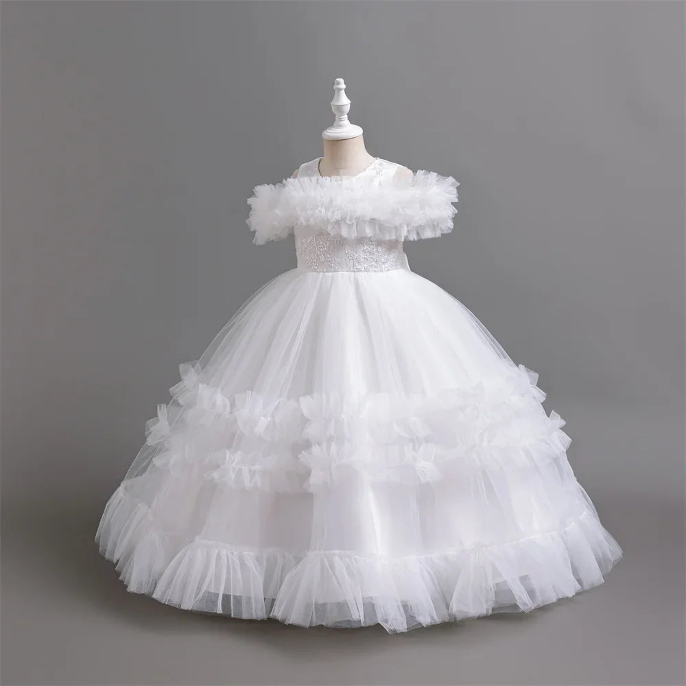 New Elegant Dress for Girls Flower Wedding Long Embroidered Panto Skirt 4-12 Years Old Piano Performance Girl Dress
