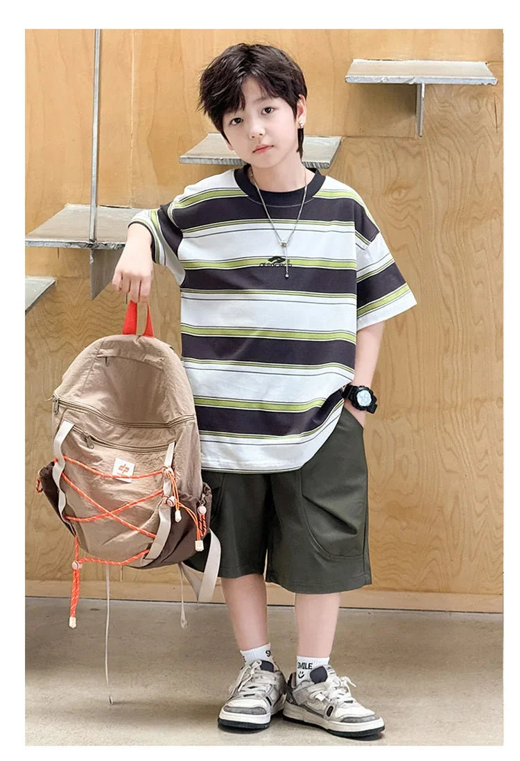 New Arrival Stylish Kids Summer Striped Suit for Teenage Boy Fashion Street Clothing Children Casual T-shirt Shorts 2PCS Set