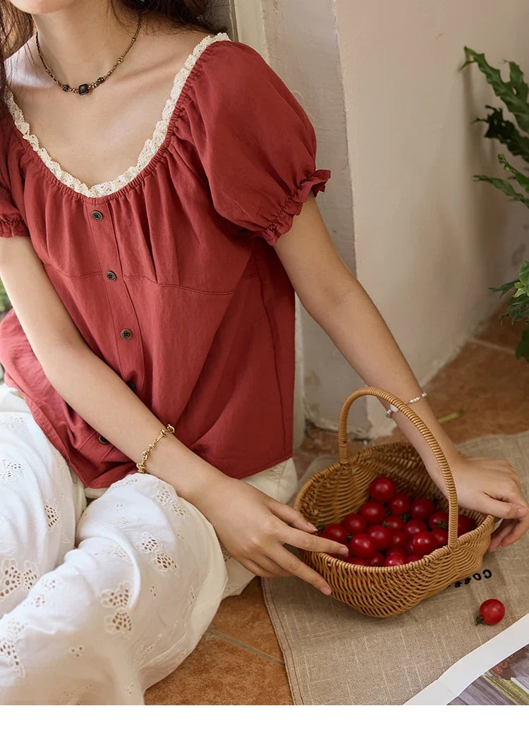 French Summer Shirts for Women 2025 Short Puff Sleeve Lace Colla Slimming Blouses Female Sweet Fashion New MXE35X1827