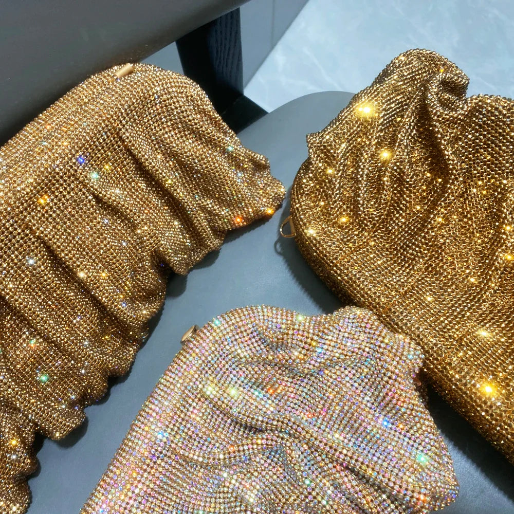 Shiny Handle Rhinestones Handmade Evening Clutch Bags New Folds Purses And Handbags Luxury Designer Wedding Party High Quality