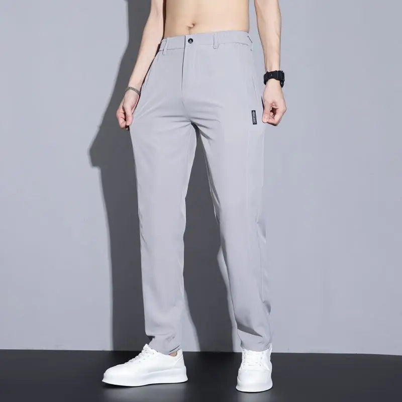 Ice silk men's pants 2026 summer new black gray thin business casual pants outdoor elastic breathable straight leg sports pants