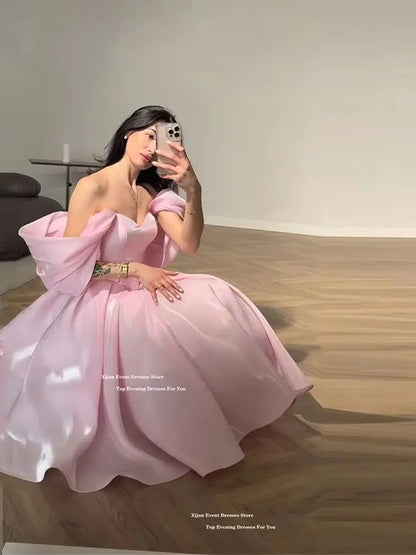 Modern Pink Evening Dresses Off The Shoulder A-Line Birthday Party Dresses Corset Shiny Ankle Length Prom Gowns Customized