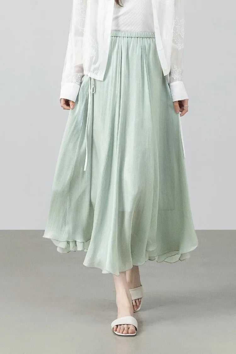 Women's Gray Elegant Skirt 2026 Summer Elastic Waist Sheen Flowy A Line Long Skirt for Woman Ladies Clothes 162QG4909