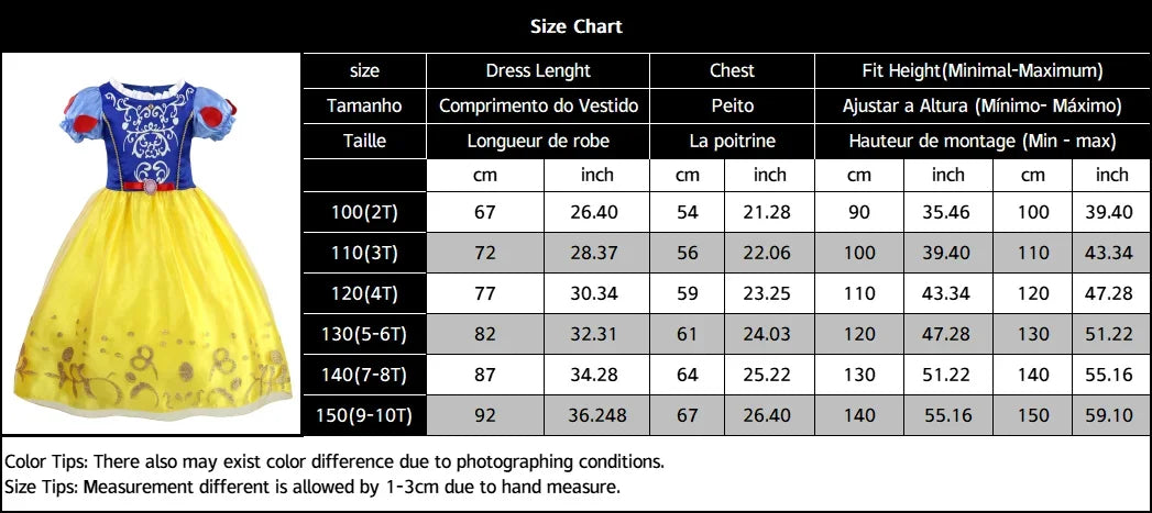 2025 Girls Disney Princess Dress Snow White With Cape Kids Cosplay Halloween Birthday Costumes Children Party Dress 10Y Clothes