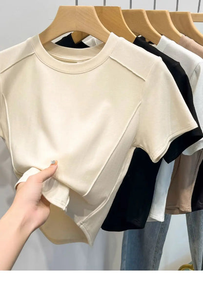 2026 Summer White T-shirt Cotton Female Short-sleeved Student Versatile Slim T-shirt Harajuku Crop Top Trend