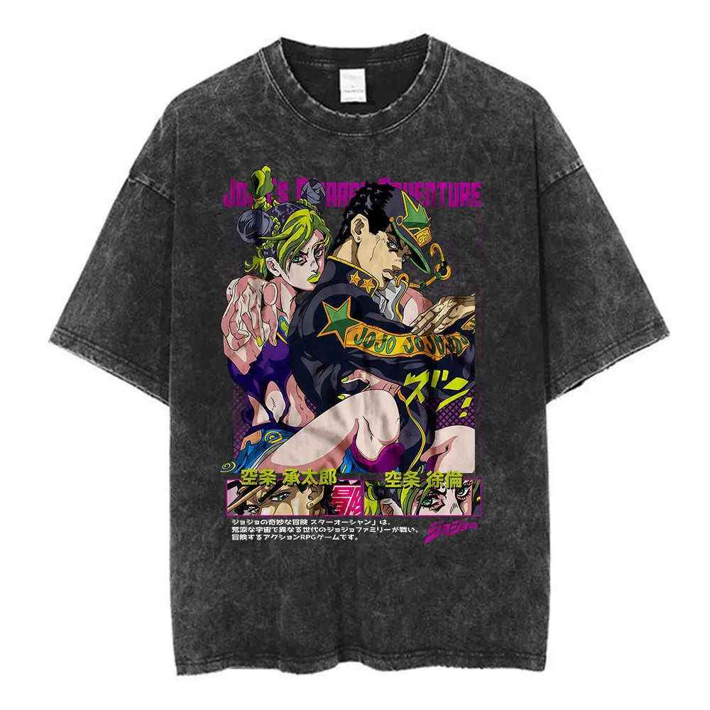 Anime Jojo Bizarre Adventure Washed T-shirt STEEL BALL RUN Diego Brando Manga T-shirts Men Women Cotton Casual Oversized T shirt