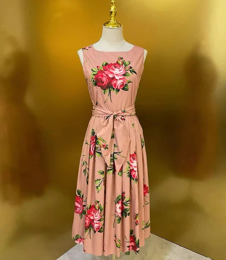 2026 Spring Women's New Fashion Round Neck Sleeveless Cotton Printed Tie a belt Waist cinching Dress