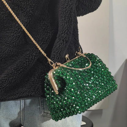 Emerald Green Handmade Beaded Clutch Bag | Vintage Gold Frame Evening Purse with Chain Strap for Party/Wedding/Cocktail