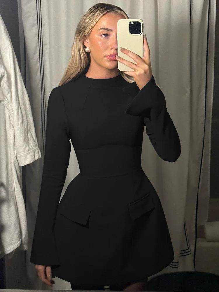 Long Sleeves Zipper Bodycon Mini Dress With Pocket Solid Elegant Outfit Office Streetwear Women’S Autumn Winter Clothes