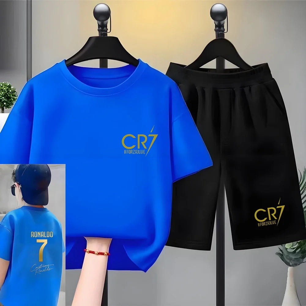 Children Short-sleeved T-shirt+Shorts Football Player Player No. 7 Print Boys Girls Toddler 3-12Yrs Sports Set Summer Clothing