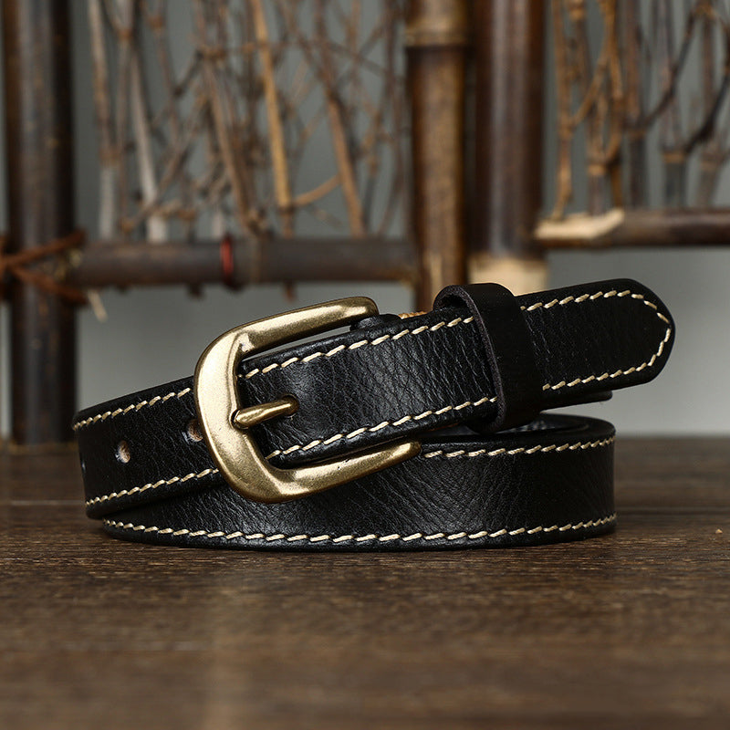 2.4CM Ladies Pure Cowhide High Quality Genuine Leather Thin Belts for Women Copper Buckle Jeans Cowboy Korean Version Female