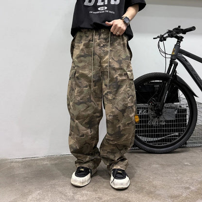 Vintage Camouflage Cargo Pants Men Tactical Multi Pocket Loose Fit Straight Leg Outdoor Casual High Quality Work Pants Trendy