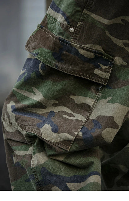 American Tactical Cargo Pants Men Heavyweight Cotton Loose Fit Straight Leg Camouflage Vintage Washed Outdoor Streetwear Premium