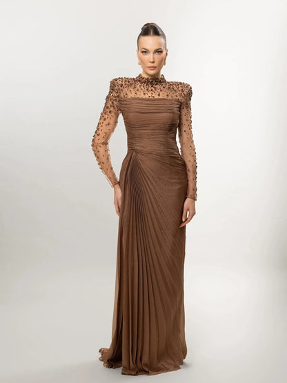 Women'S Formal Evening Gowns Customize Scoop Neck Beading Luxury Evening Dresses Long Sleeves Straight Floor-Length