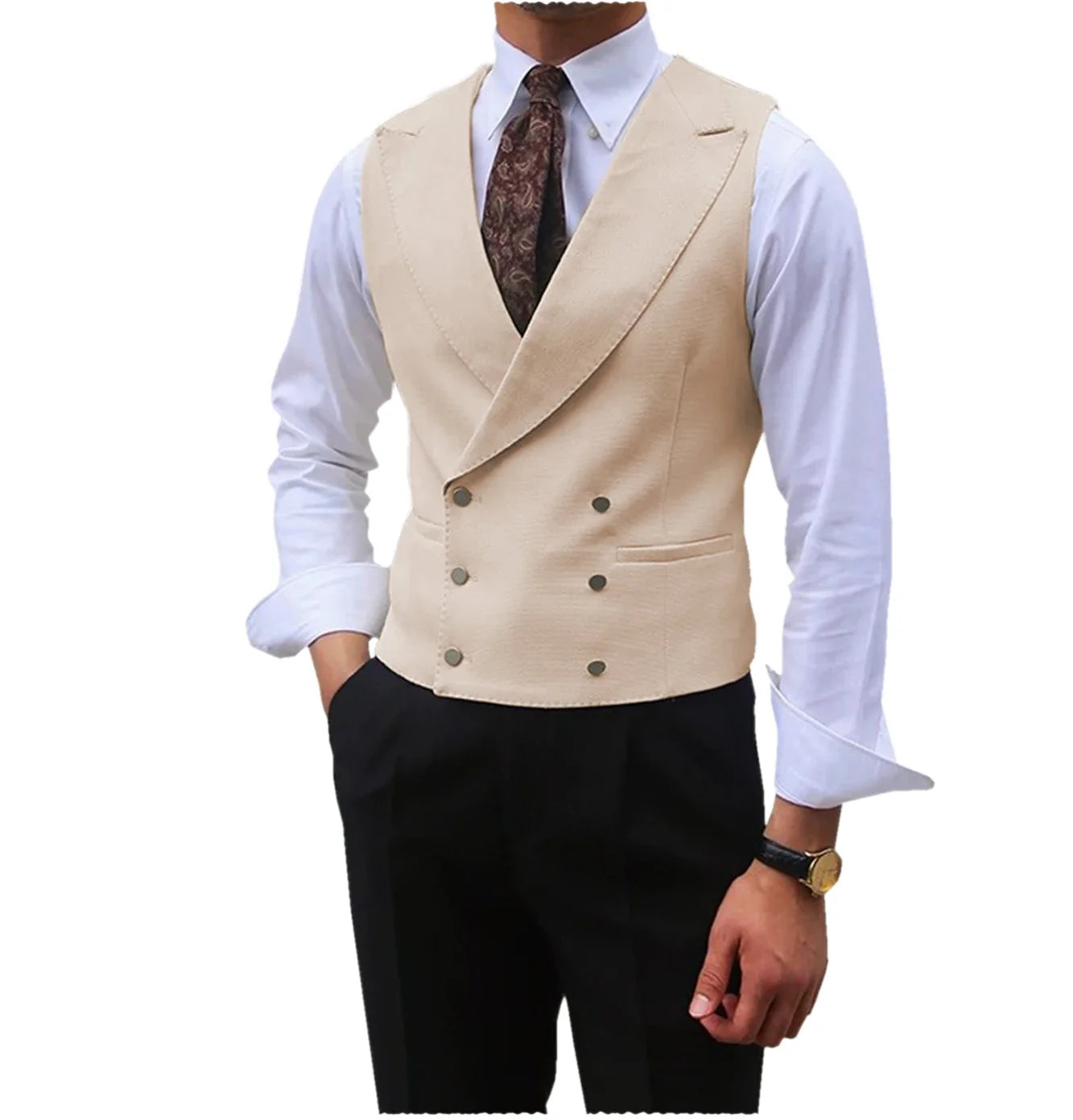 Men Vest Brown Solid Peaked Lapel Double Breasted Sleeveless Jacket Wedding Banquet Business Casual Slim Waistcoat