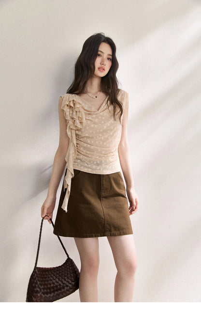 French Floral Lace Swing Neck Shirt For Women 2026 Summer New Pleated 3D Floral Ribbon Hazy Elegant Slim Top MXF24X2617