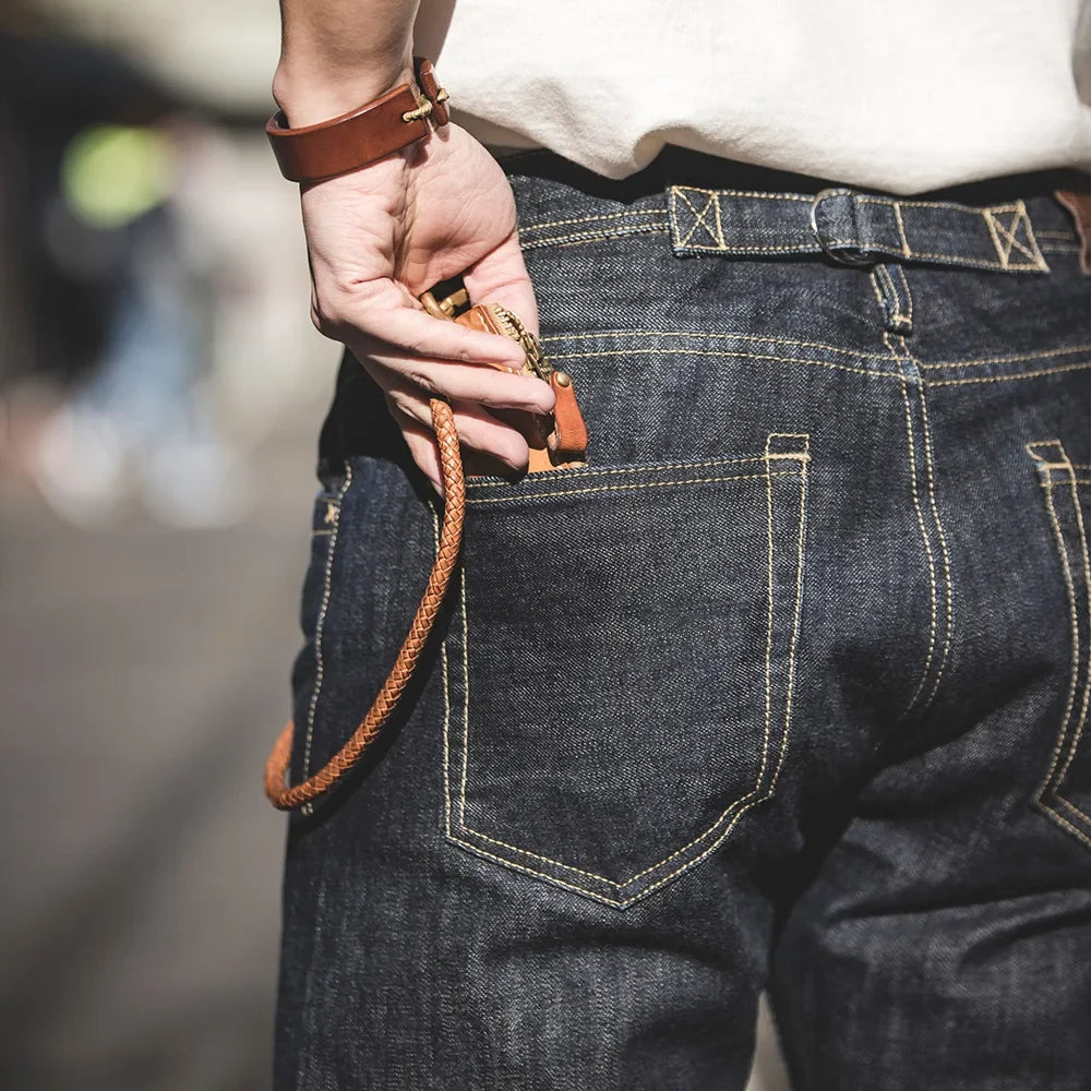 Vintage 14oz Selvedge Raw Denim Jeans Horsehair Leather Patch Straight Fit Jeans Men's Spring and fall Paris Buckle Pants
