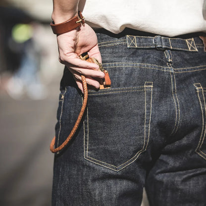 Vintage 14oz Selvedge Raw Denim Jeans Horsehair Leather Patch Straight Fit Jeans Men's Spring and fall Paris Buckle Pants