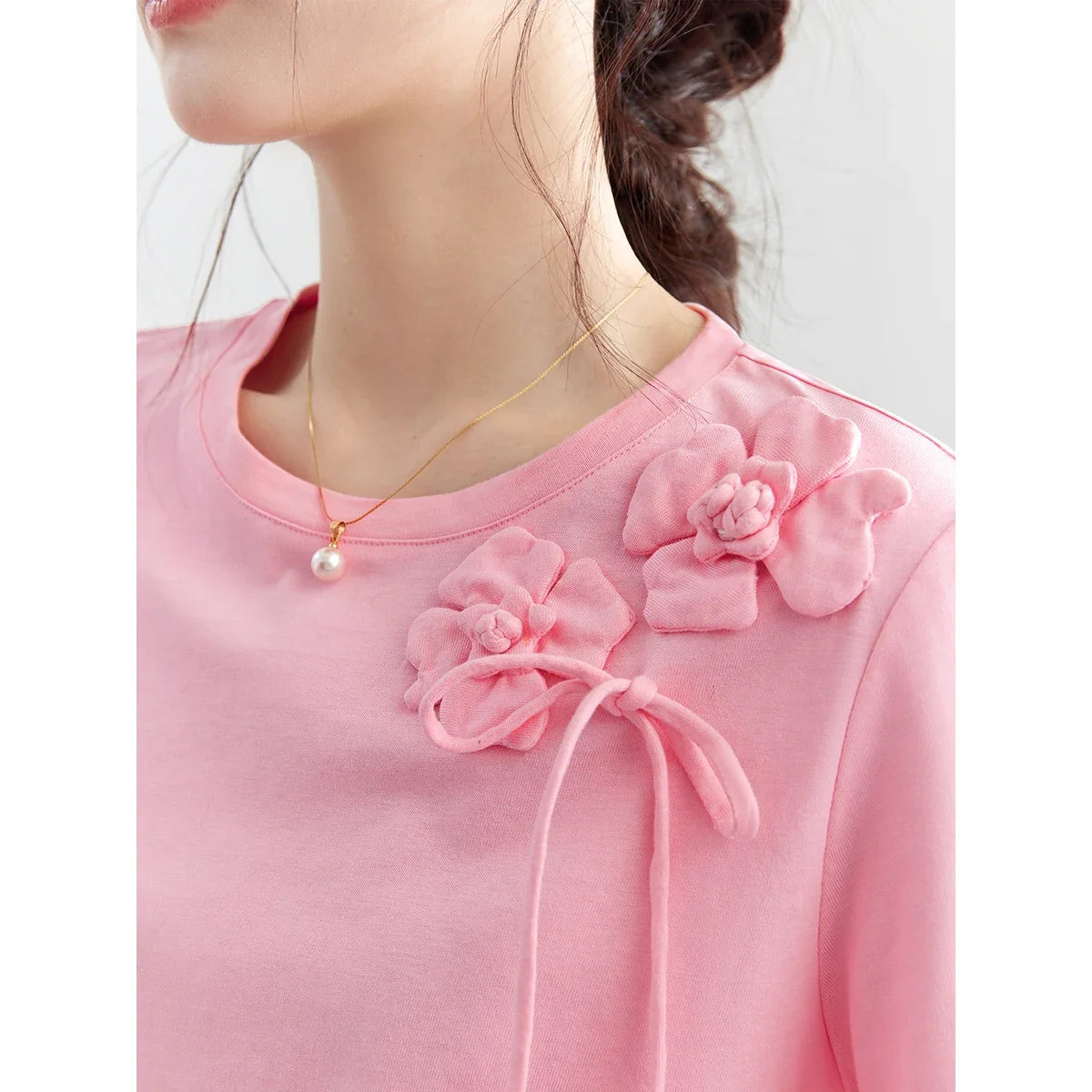 100% Cotton Summer T-Shirt Women 2026 Pink Tees Fashion Heavy 3D Floral Casual Crew Neck Short Sleeve Top A6182