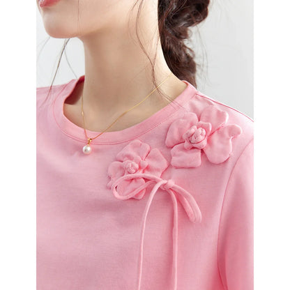100% Cotton Summer T-Shirt Women 2026 Pink Tees Fashion Heavy 3D Floral Casual Crew Neck Short Sleeve Top A6182