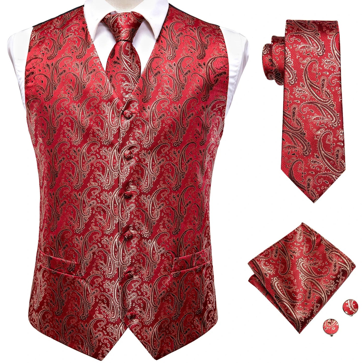 4PC Black Silk Mens Suit Vests Woven Floral Waistcoat Tie Pocket Square Cufflink Business Wedding Dress Waist Jacket