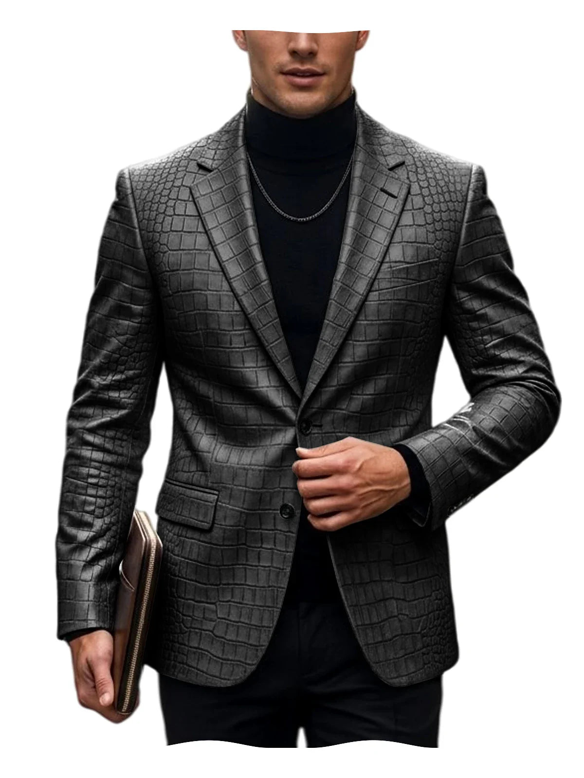 Men's Crocodile Embossed Leather Blazer British Vintage Notched Lapel Slim Fit Business Suit Jacket Two Button Flap Pockets Coat