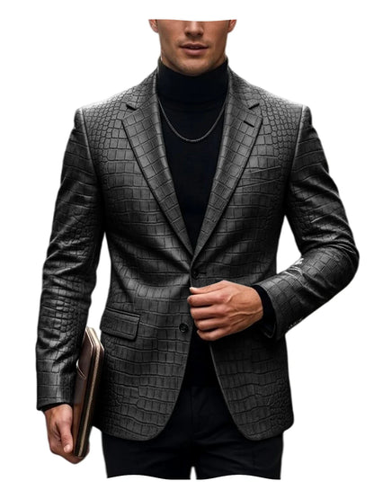 Men's Crocodile Embossed Leather Blazer British Vintage Notched Lapel Slim Fit Business Suit Jacket Two Button Flap Pockets Coat