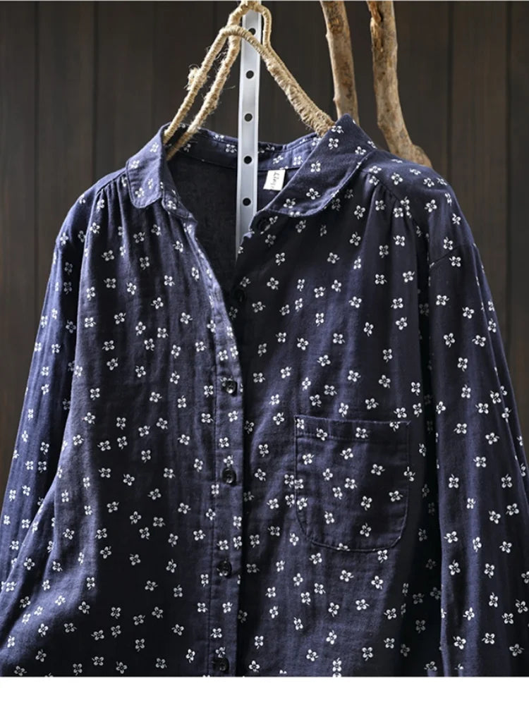 Sweet Snow Dots Print Shirt, Double Layers, Cotton Yarn, Peter Pan Collar, Long Sleeve, Casual Blouse Shirt
