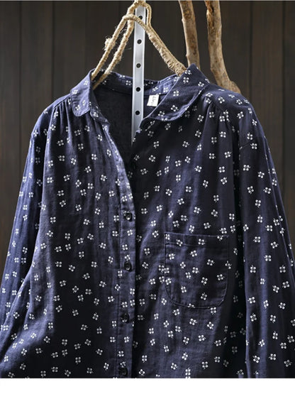Sweet Snow Dots Print Shirt, Double Layers, Cotton Yarn, Peter Pan Collar, Long Sleeve, Casual Blouse Shirt