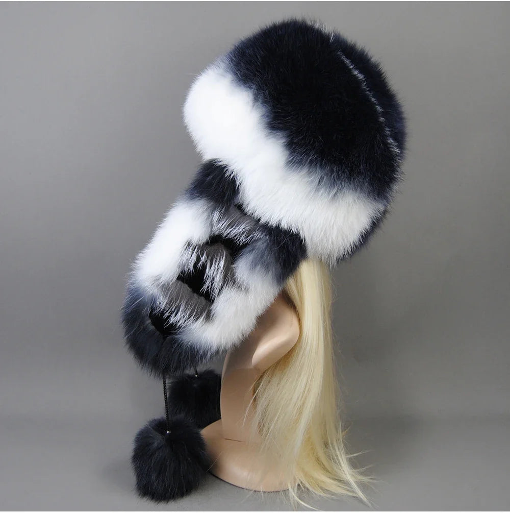 Hot Sale Lady Winter Warm Luxury 100% Natural Fox Fur Hat Fashion Fluffy Fox Fur Rex Rabbit Fur Caps Women Real Fur Bomber Hats