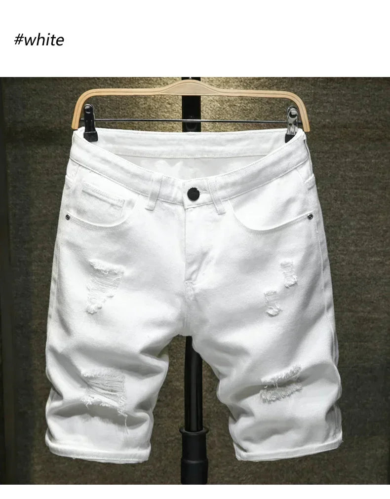 2024 New Summer Men's Casual Fashion Straight Denim Shorts Simple Ripped Streetwear Slim Fit Denim Shorts Male Black White