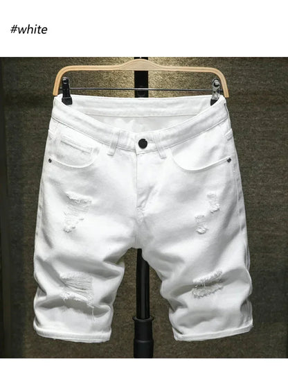 2024 New Summer Men's Casual Fashion Straight Denim Shorts Simple Ripped Streetwear Slim Fit Denim Shorts Male Black White