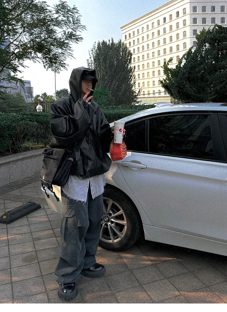 Spring Autumn Short Oversized Black Soft Pu Leather Jacket Men with Hood Zipper Loose Casual Korean Fashion Clothes
