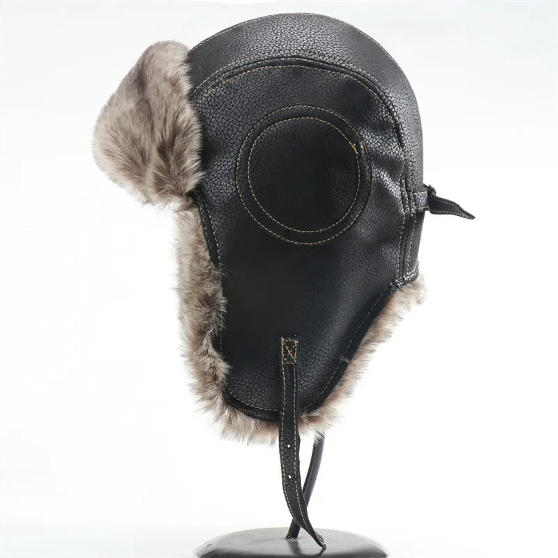 Winter Men Bomber Hat With Goggles Outdoor Motorcycle Windproof Warm Faux Fur Pilot Earflap Hat Leather Thermal Ushanka
