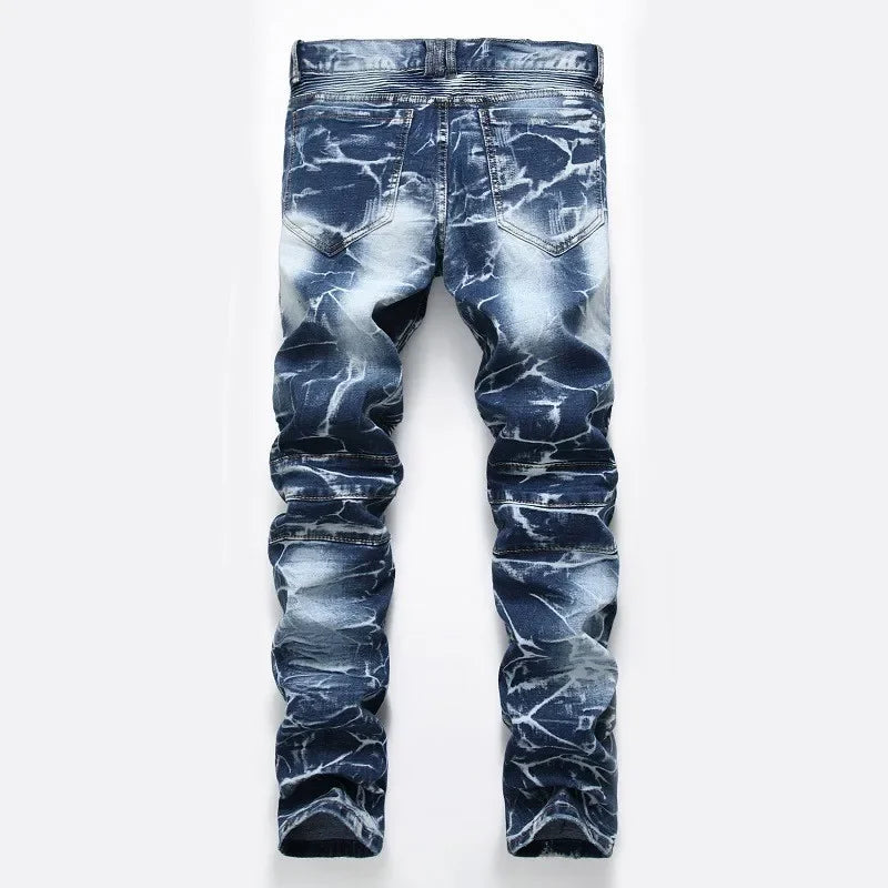 Zipper Pocket Retro Nostalgic Jeans Men's New Style High Street Motorcycle Fashion Stretch Slim Straight Denim Trousers Male
