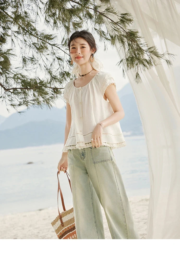 Embroidered French Shirt Women Summer 2025 Short Sleeve Round Neck Solid Blouses Female Fashion New Tops Lady MXE33X1744